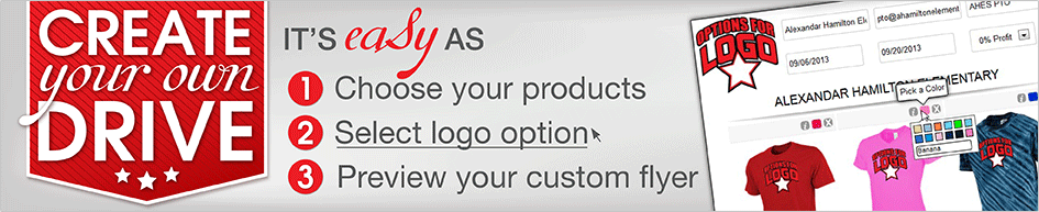 Create your flyer - It's easy as 1. Choose your products, 2. Select logo option, 3. View your flyer